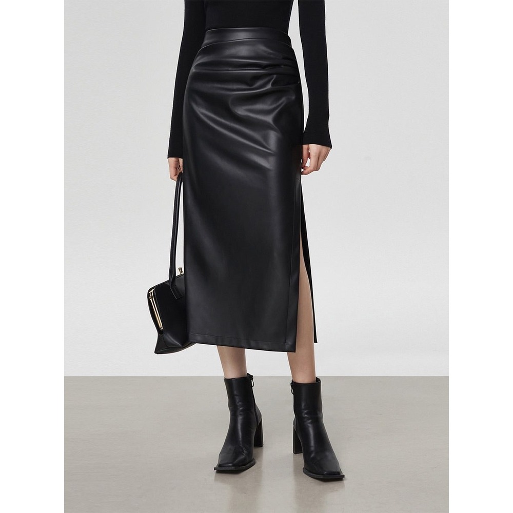 COMMENSE Black Faux Leather Ruched High Waist Side Slit Midi Skirt Size L